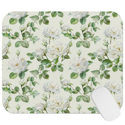 Floral White Rose Flowers I Cottage Gaming Cute Office Laptop Desk Pad Gift Mat Square Rectangle Non-Slip Mousepad