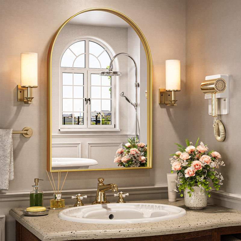 Axia 30''x22'' Metal Arch Wall Mounted Mirror for Bathroom, Living Room, Entryway, Brushed Gold, 30" x 22"