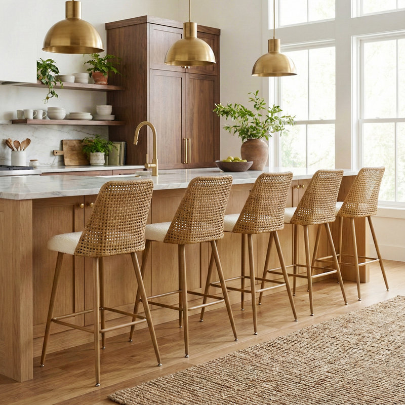 5-Piece 27" Upholstered Boucle Rattan Full Back Counter Stool