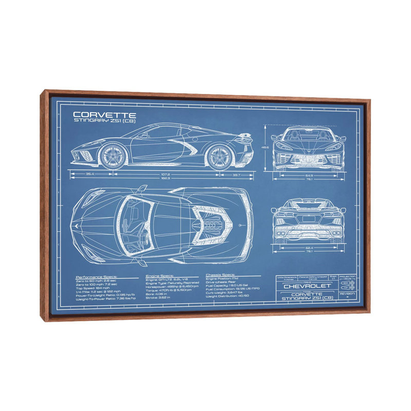 Modèle de Stingray (C8) Corvette-impression de dessin, Toile avec cadre en bois brun classique, Pas de tapis