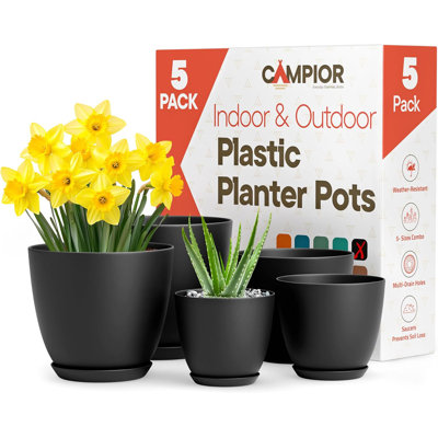 Campior Plastic Plant Pots With Drainage - Home Decor Flower Pot, Stackable Design For Indoor & Outdoor Use, Lightweight And Sturdy, Space-saving, (7”, 6.6”, 6”, 5.3”, 4.8” Inches), Pack Of 5, Black