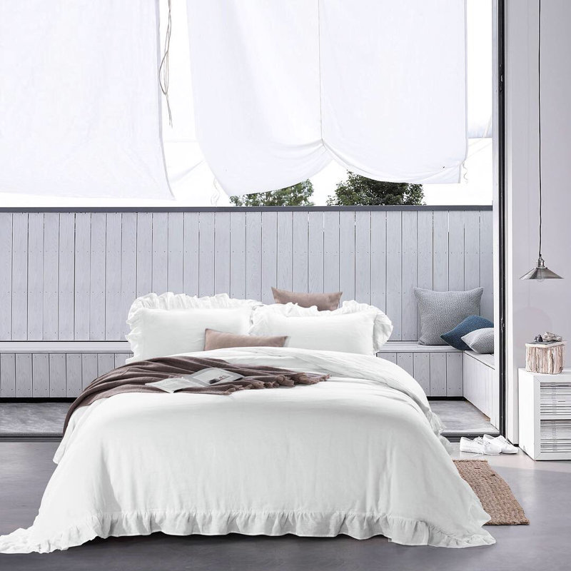 Ensemble de housse de couette 100% lin 100% lin français | Bride élégante à volants de 3 po | Certifié OEKO-TEX , Blanc