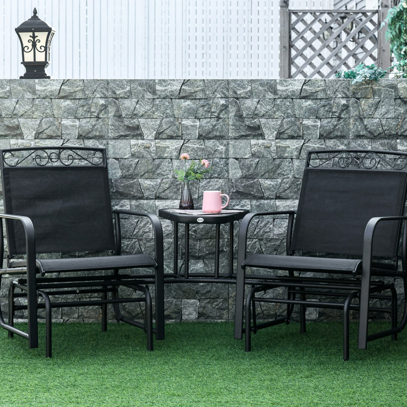 Backyard 2 Rocking Swing Chair With Glider Chairs And Center Table - Breathable Sling, Black Garden Coffee Chair, Finish