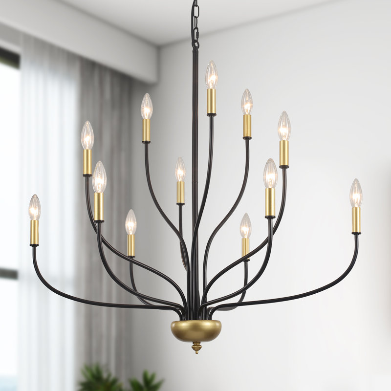 Sebron 12 Light 3 - Tier Dimmable Classic / Traditional Candle Style Chandelier, Matte Black/Gold, 12 Lights
