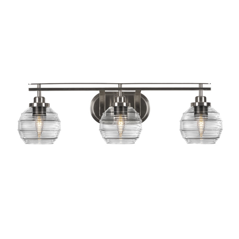 Barre d'éclairage de salle de bain 3 lumières Odyssey, fini nickel brossé avec verre de 6 po, Gris
