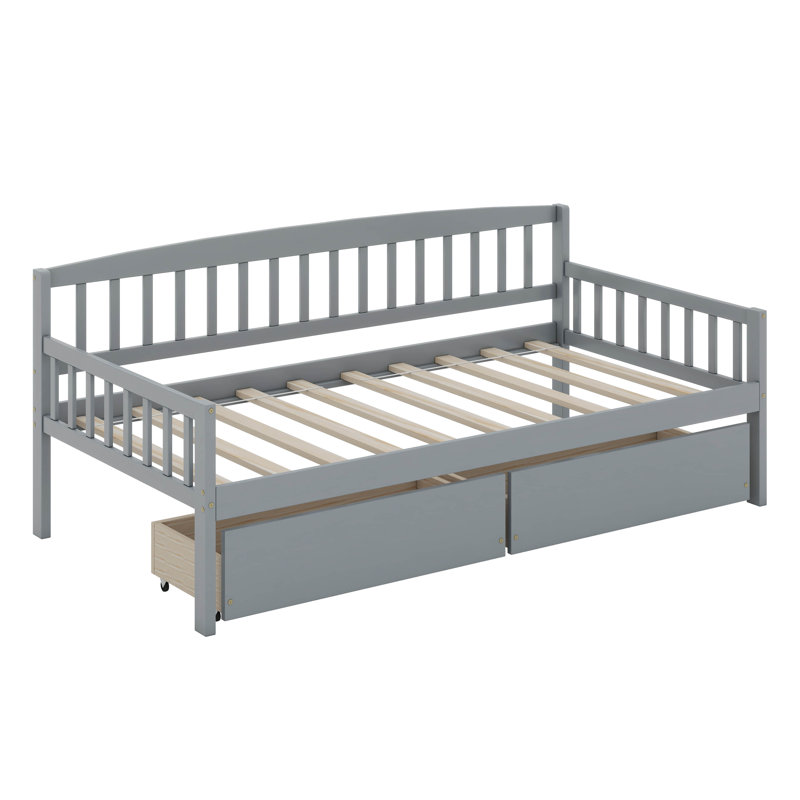Lit de jour simple en bois de pin Sagamore avec deux tiroirs de rangement, Gris