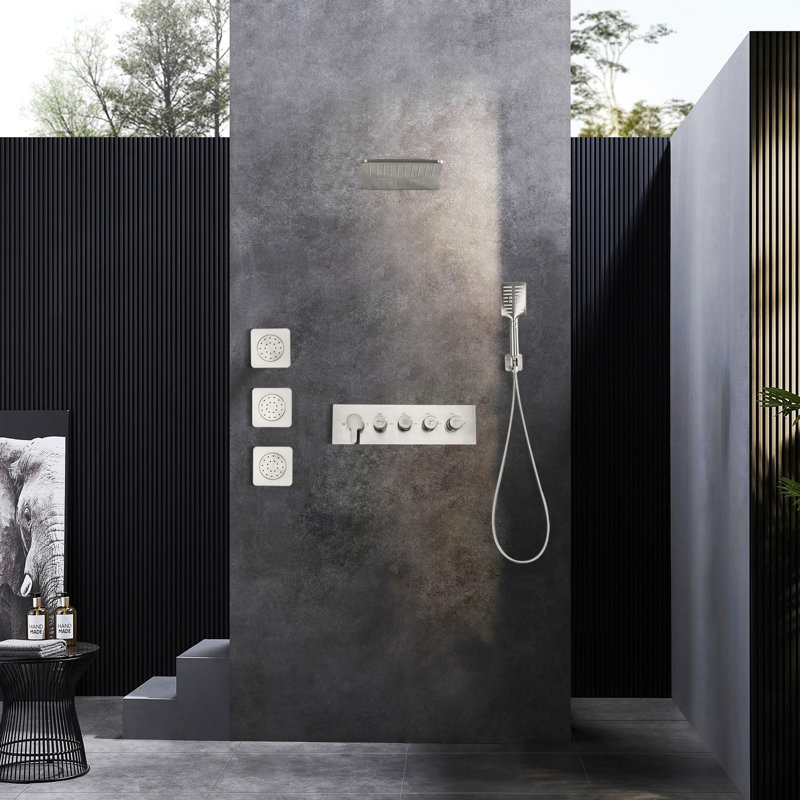 Wall Mounted Waterfall Rain Shower System With 3 Body Jets And Handheld Shower Set, Brushed Nickel