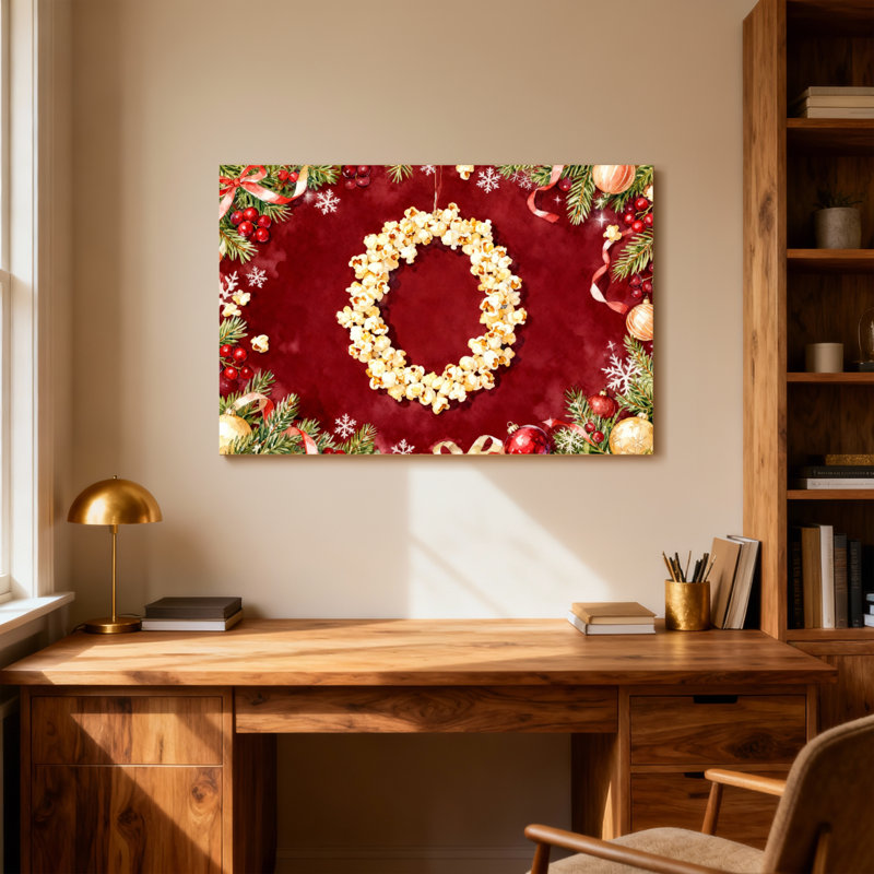 Guirlande de Noël Popcorn sur fond rouge Ornements décoratifs Flocons de neige Branches de pin, H 24 po x l 36 po