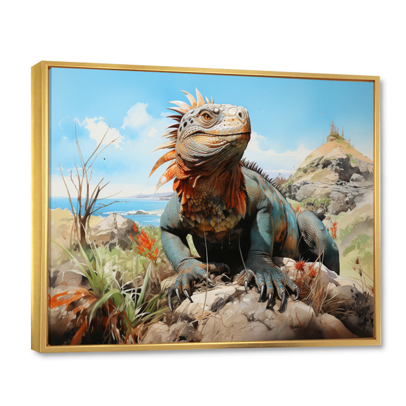 Lézard sur un rocher II sur toile, H 16 po x l 32 po, Cadre flottant doré