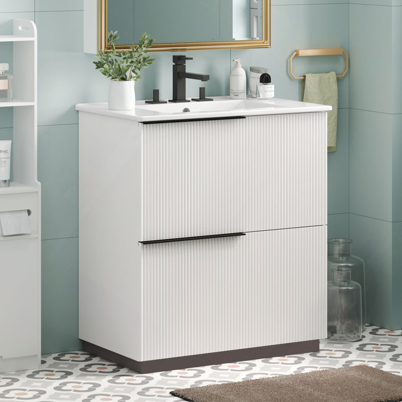 Meuble-lavabo de 30 po avec lavabo en céramique et tiroirs pleine extension, glissières de tiroir à fermeture en douceur, conception cannelée