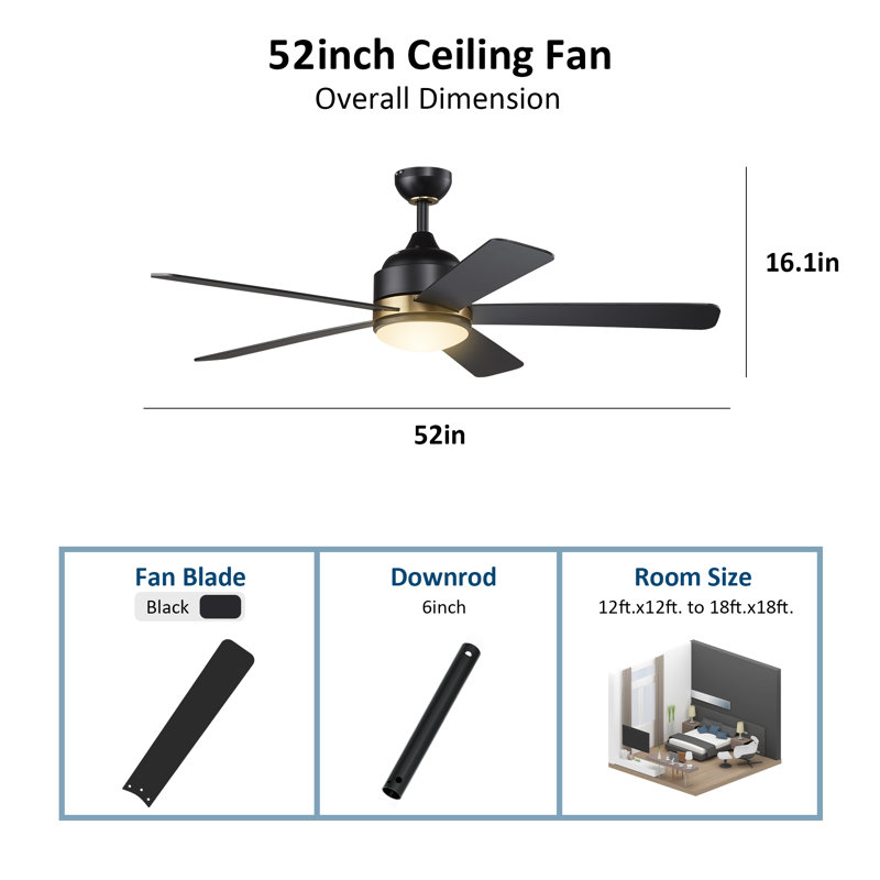 Ventilateur de plafond standard à DEL à 5 pales 52 po avec télécommande murale et ensemble d'éclairage inclus Freixa, Noir
