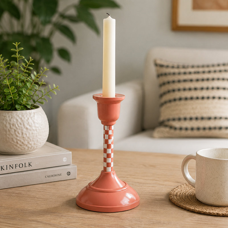 Dusty Pink Checkered Aluminum Taper Candle Holder, 7.75" H x 4.25" W x 4.25" D