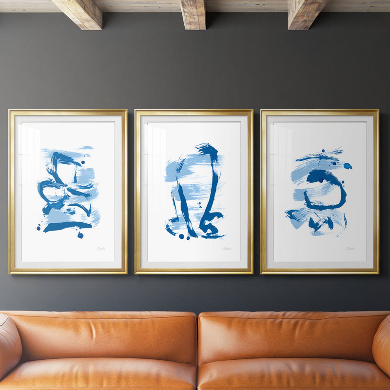 Blue Breeze I - reproduction encadrée sur mesure de qualité supérieure mate - 3 pièces, H 21 po x l 30 po, Doré