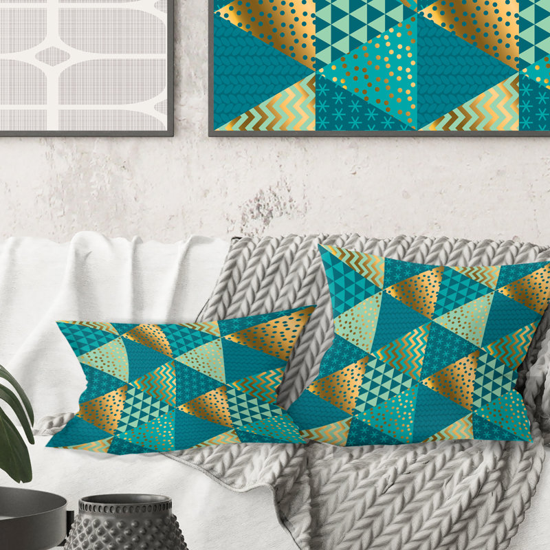 Coussin Gold and Blue Dynamics I - Mid-Century Modern, 16 po x 1 po