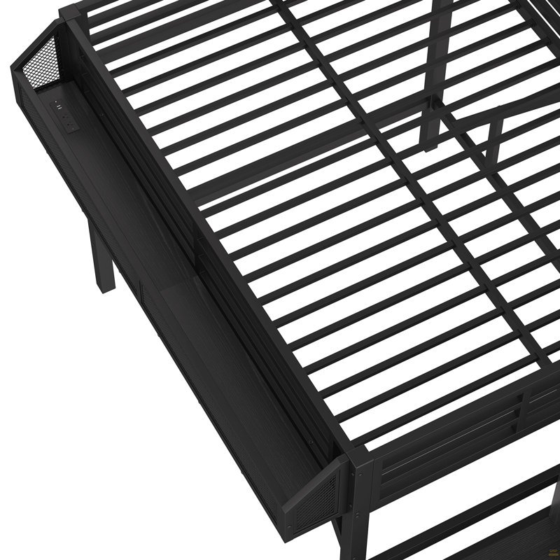 Lit mezzanine double avec escalier de rangement, tablettes et garde-robe intégrée, cadre de lit mezzanine en métal avec ports USB et lumières DEL