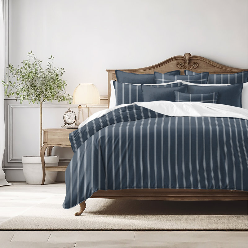 Shay Broad Ticking Stripe Dark Denim Cotton Coverlet Set  8 Piece, Queen Coverlet + 7 Additional Pieces