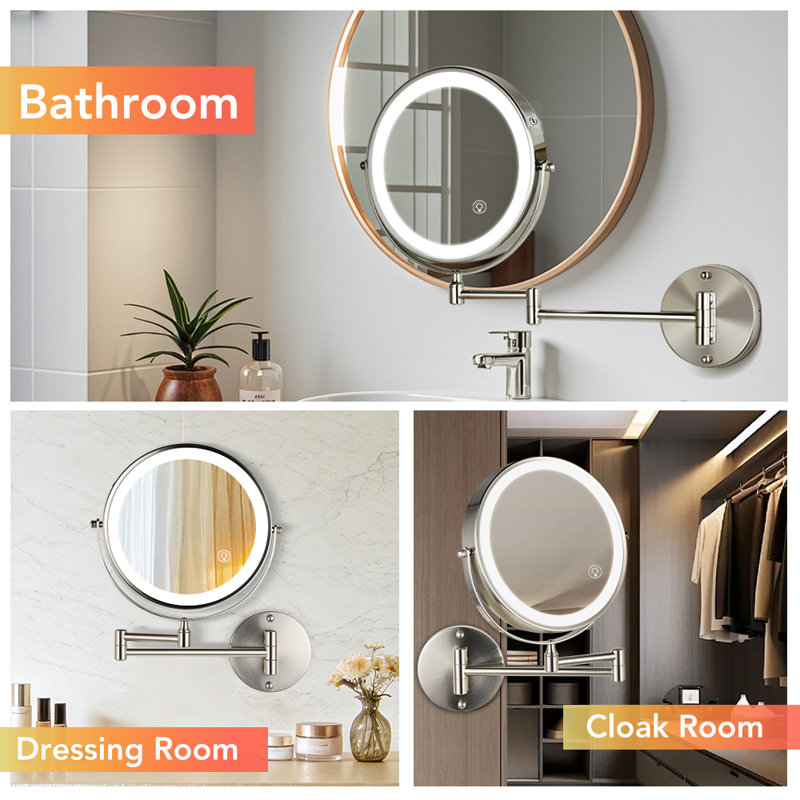 8.5" Led Wall Mount Vanity Mirror, Rechargeable Round Metal Lighted Makeup Mirror, 1x/10x, Nickel, Brushed Nickel