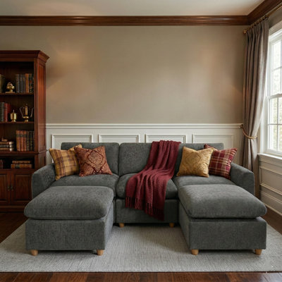 100" Chenille Sectional Couch With Two Ottomans