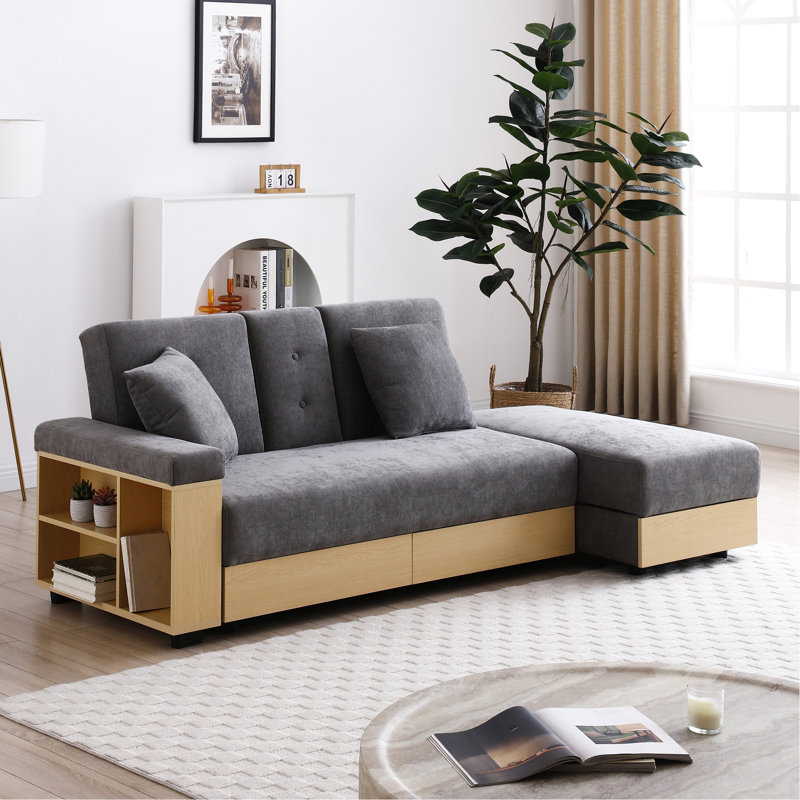 Convertible, boîte de rangement avec accoudoirs, table basse, 2 porte-gobelets, décoration d'appartement, gris, revêtement en lin, rembourrage en mousse, canapé-lit à structure en bois avec tiroirs, table rabattable et supports