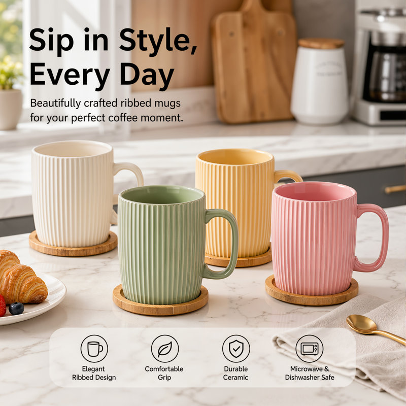 Ensemble de 4 tasses à café verticales en céramique avec couvercles. 400 ml de tasses à thé glaçées colorées en crème, rose, vert, jaune pour les boissons quotidiennes