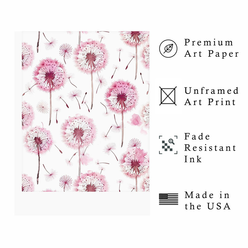 «Botanical Pink Dandelions VI», reproduction d'art moderne sans cadre, H 20 po x l 16 po