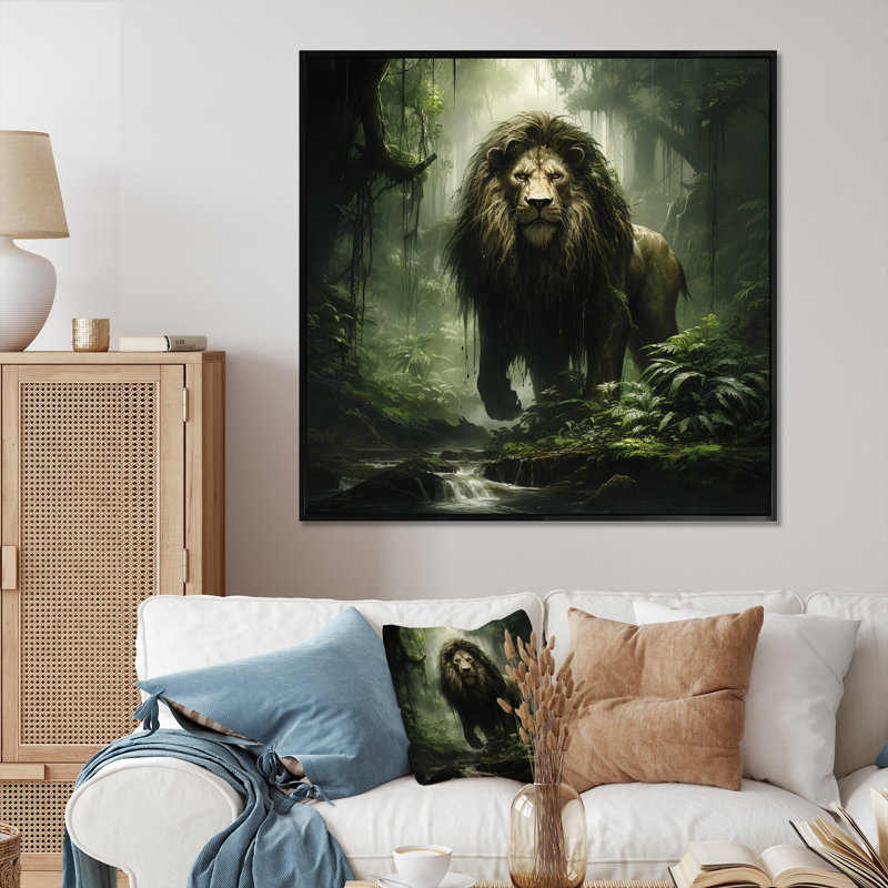 Lion brun et vert, monarque, décoration murale animal lion, H 36 po x l 36 po x P 1,5 po, Cadre flottant noir