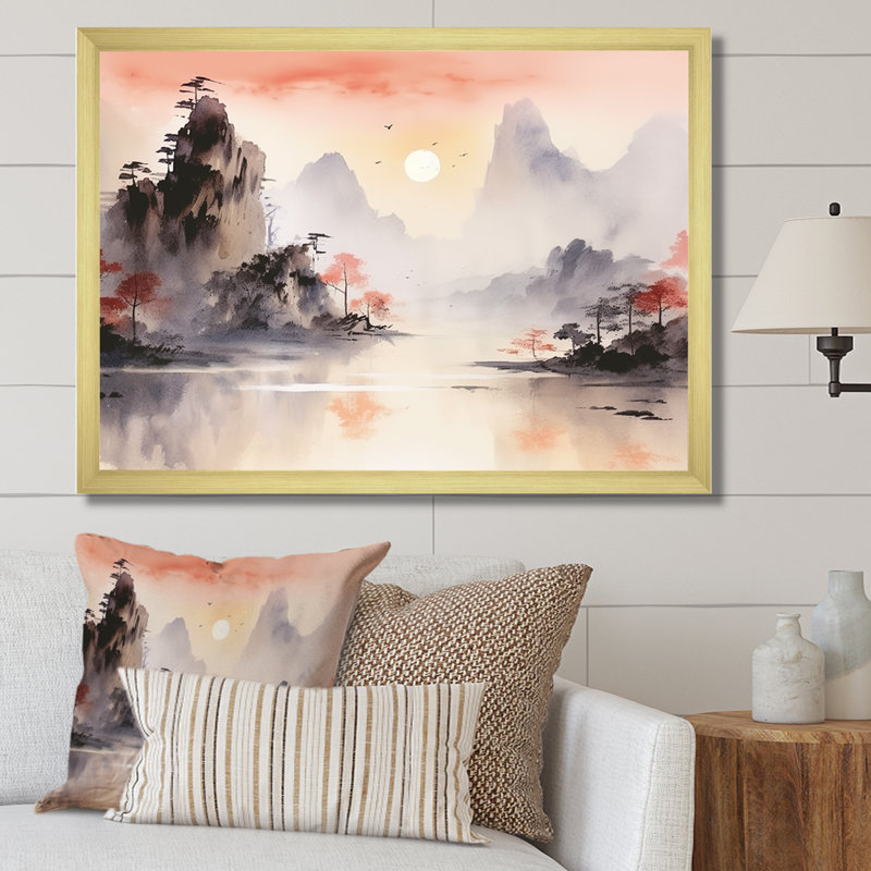 Orange, paysage chinois tranquille sérénité I - Chine, art mural, Cadre d'angle fermé doré, H 30 po x l 40 po x P 1,5 po