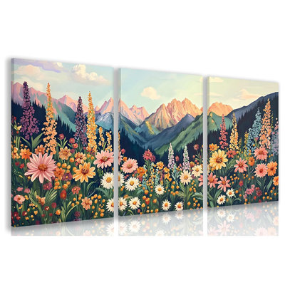 «Mount Daisy Wildflower Landscape», art mural floral coloré, peinture sur toile paysage coucher de soleil bohème, affiches botaniques lumineuses pour salon, chambre encadrée 12 po x 16 po x 3 po
