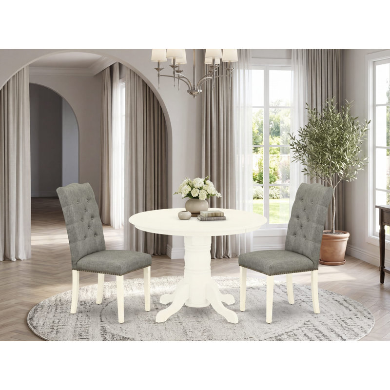 3 Piece Modern Dining Table Set Contains a Round Kitchen Table with Pedestal and 2 Gray Linen Fabric Upholstered Parson Chairs, Linen White