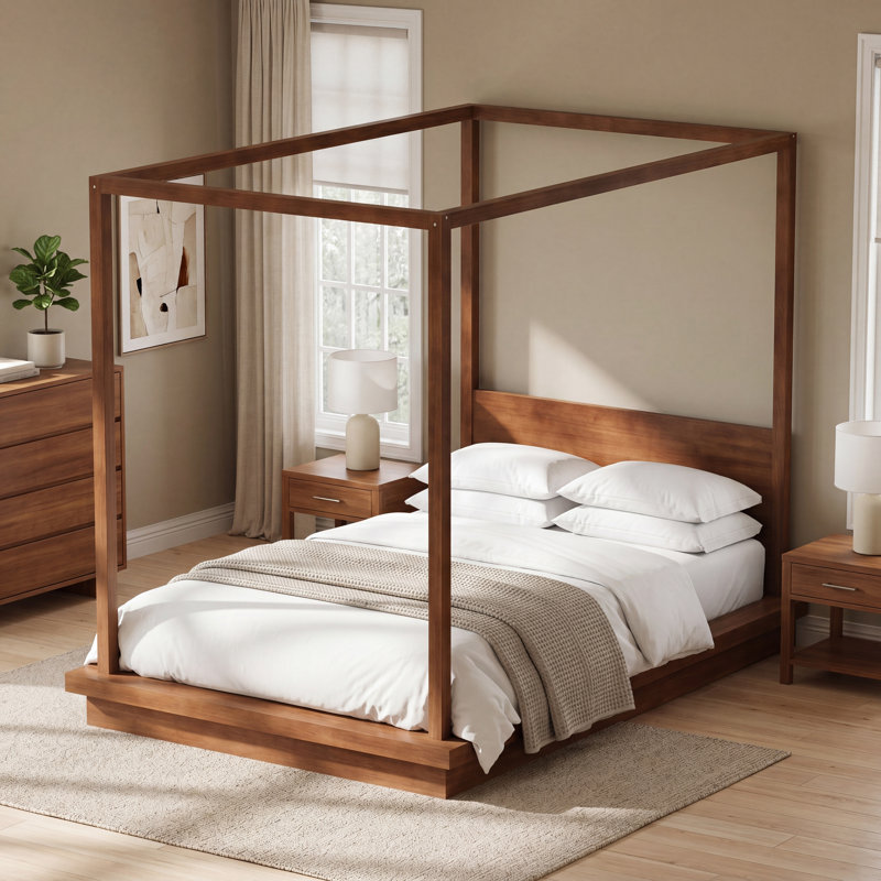 Grand lit plateforme à baldaquin en bois avec tête de lit, brun, Brown, Queen
