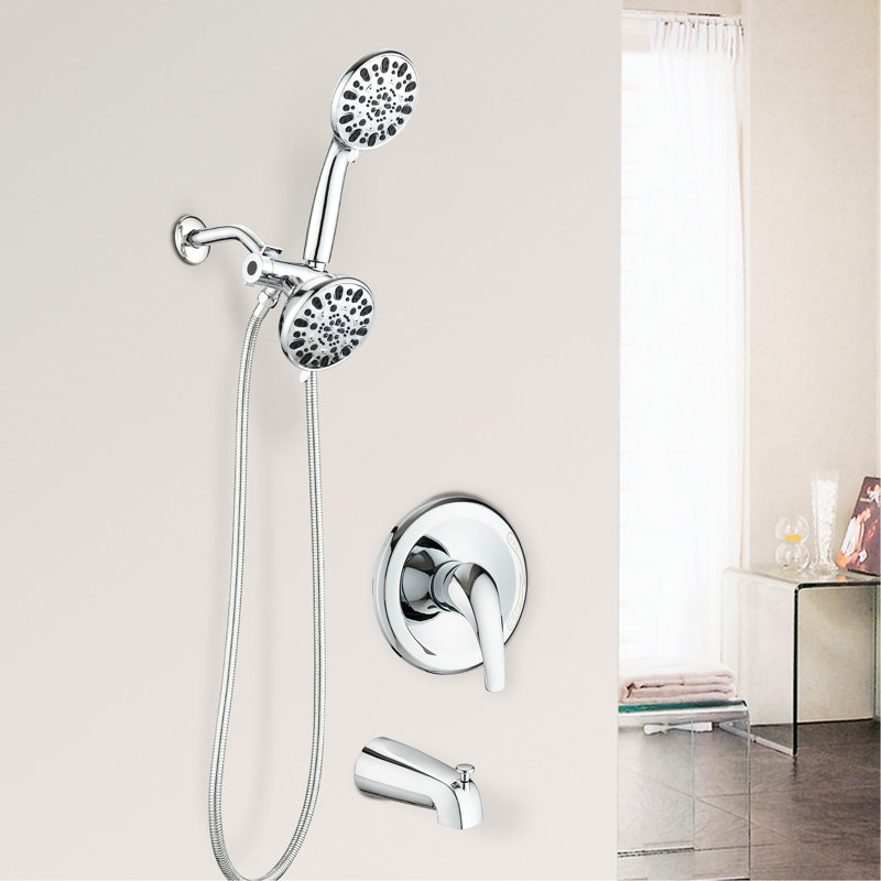 Système de douche haute avec bec de baignoire et valve - 2 en 1. 7 têtes de jet. Double, Argent argent