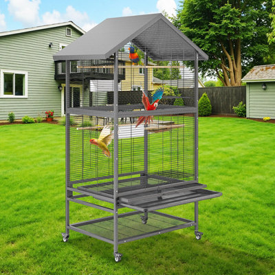 Cage à vol double 65,7 "sur roulettes, grande volière d'oiseaux debout avec perchoirs et bols pour perruches, conures et cacatoès