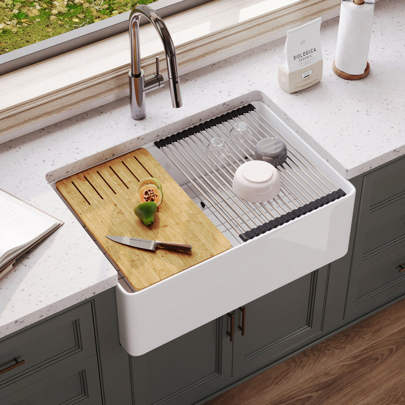 Évier de cuisine à simple cuve à tablier frontal avec grille d'évier, planche à découper et support à vaisselle Deervalley L 30 po x l 20 po