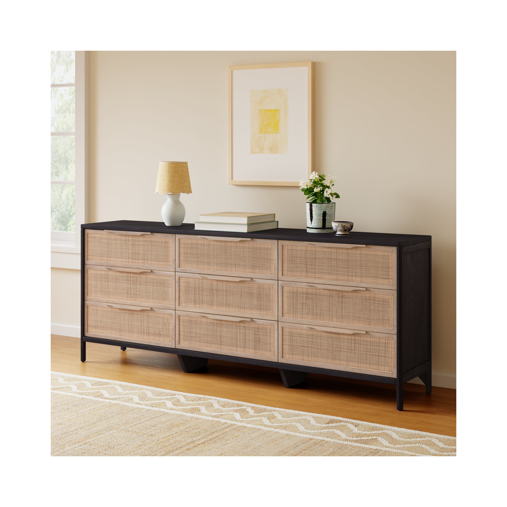 Nellie 9 Drawer Cane Dresser, Black/Natural