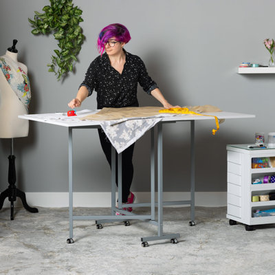 Studio Designs Sew Ready Folding Craft Table,  58.75" W X 36.5" D X 36.5" H, Silver, White