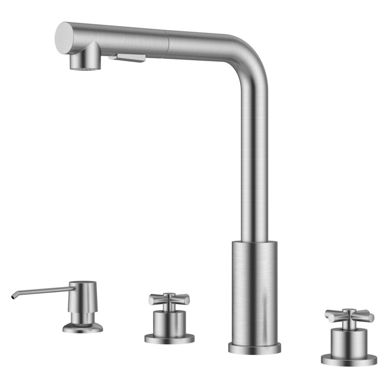 2 Handle Pull Down Kitchen Faucet With Soap Dispenser, Brushed Nickel