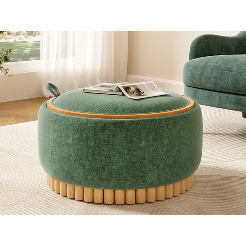 Repose-pieds de rangement rond de 29 po avec pieds en bois massif, table basse moderne avec couvercle réversible, structure en bois, repose-pieds en chenille pour le salon, aucun assemblage requis