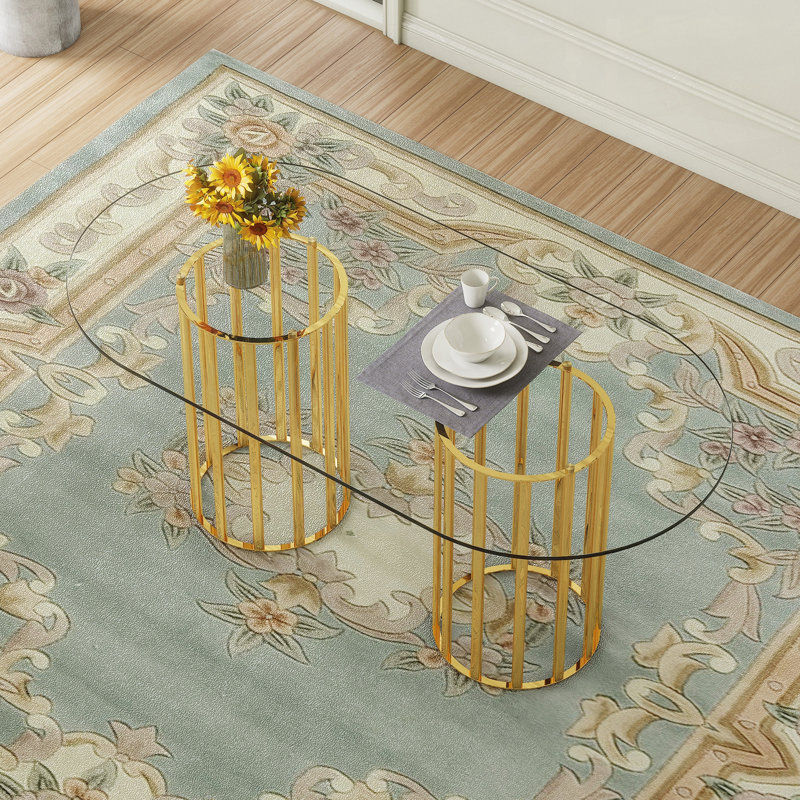 Table de salle à manger ovale en verre trempé avec colonne double, légère et luxueuse, résistante aux égratignures et facile à nettoyer. Convient pour 6 à 8 personnes.