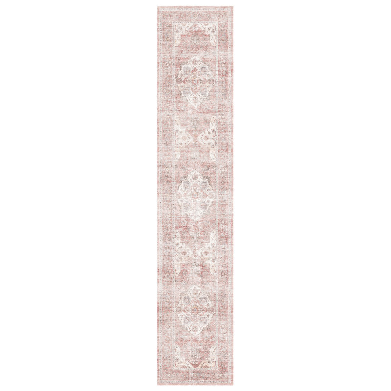 Pink Machine Washable Oriental Hallway Runner Rug, Pink/Ivory/Gray, Runner 2' x 10'