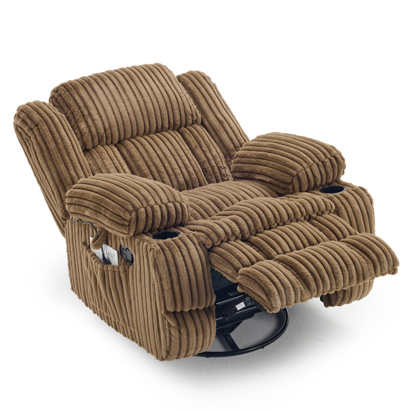 41.3" Wide Swivel Rocker Recliner Chair With Massage & Dual Cup Holder & Side Pocket, Ribbed Corduroy/Brown