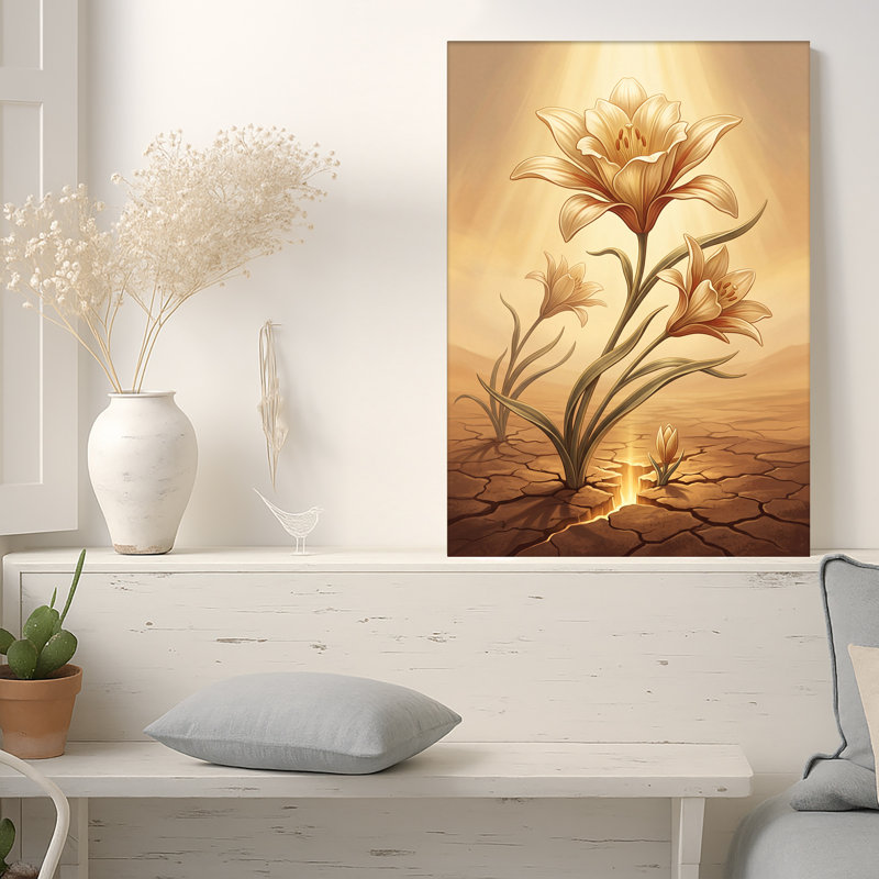 «Golden Lilies Growing From Cracked Earth with Glowing Light», art mural sur toile, 48"H x 32"W