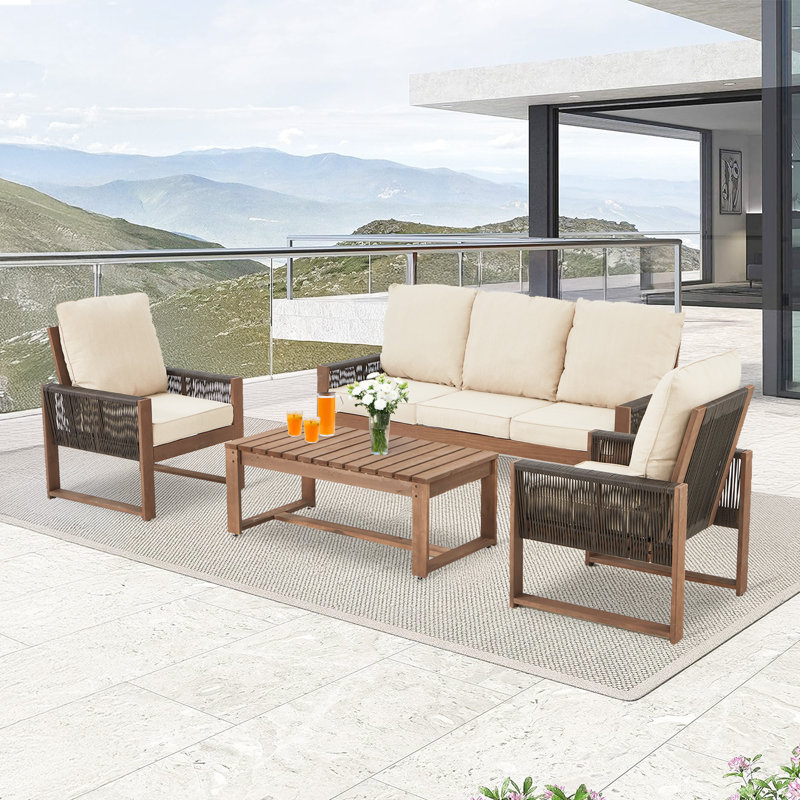 Ensemble de patio 4 pièces en cèdre avec corde et coussins en PE - Ensemble de conversation extérieur toutes saisons, Beige