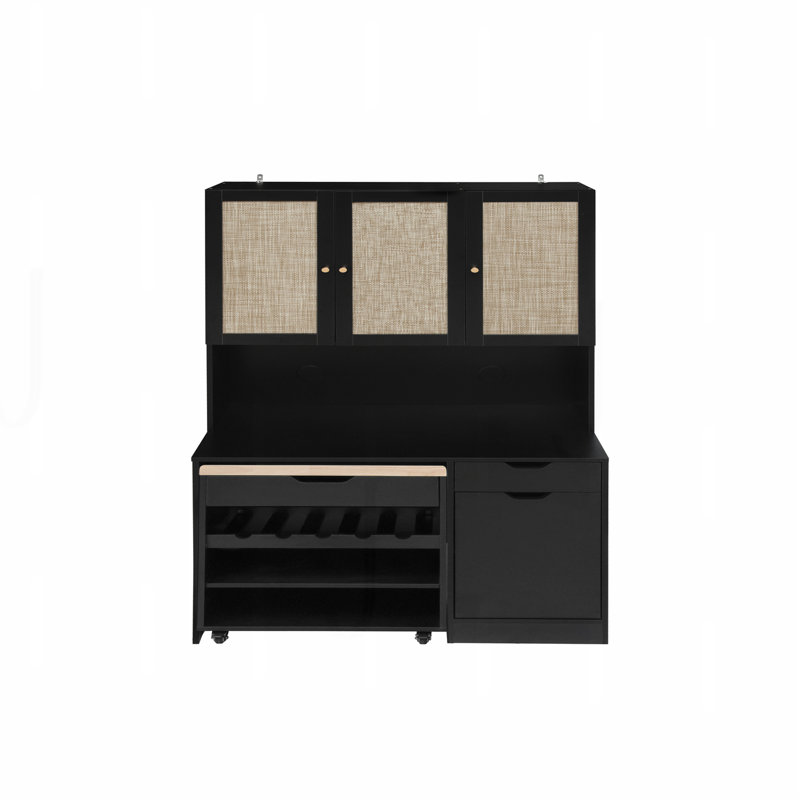 69.29" Modern Buffet Cabinet with Kitchen Cart, Kitchen Pantry Storage Cabinet,Tall Kitchen Hutch Cabinet,Food Pantry Cabinet with 3 Rattan Doors and Adjustable Shelves , Black