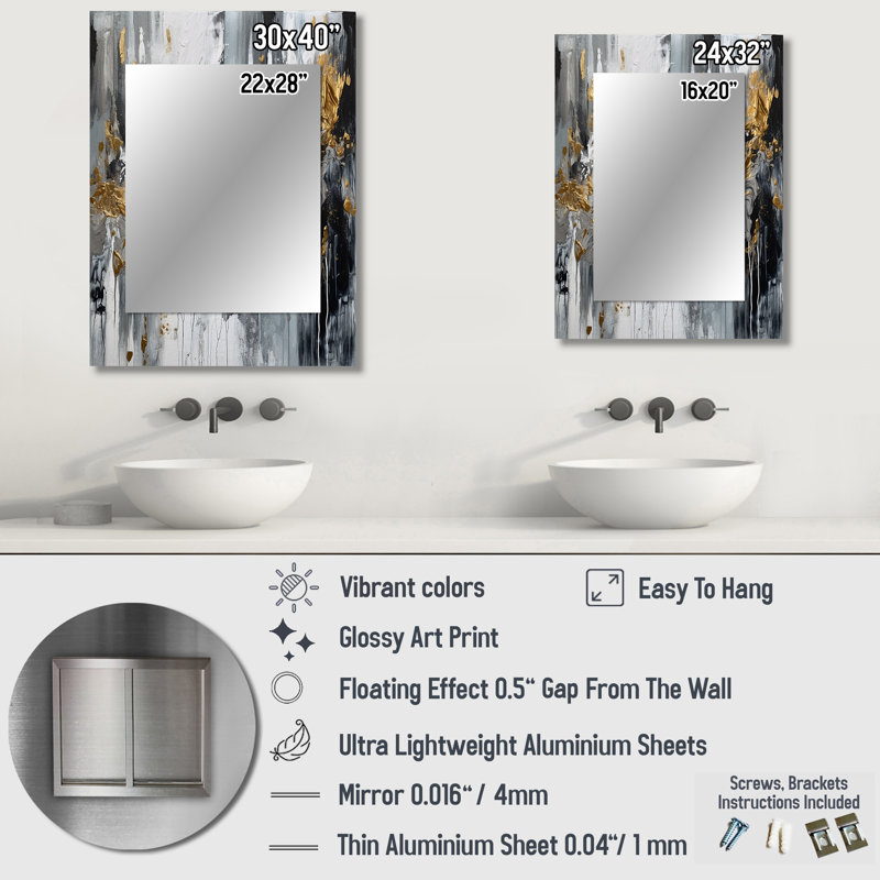 Black And White Delicate Brushstrokes I - Large Wall Mirror On Metal, 32" x 24"