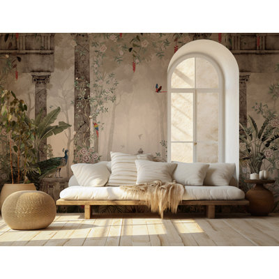 Roman Garden Chinoiserie Wall Mural | Beige Peacock Botanical Peel and Stick Wallpaper | Living Room Removable Wall Décor