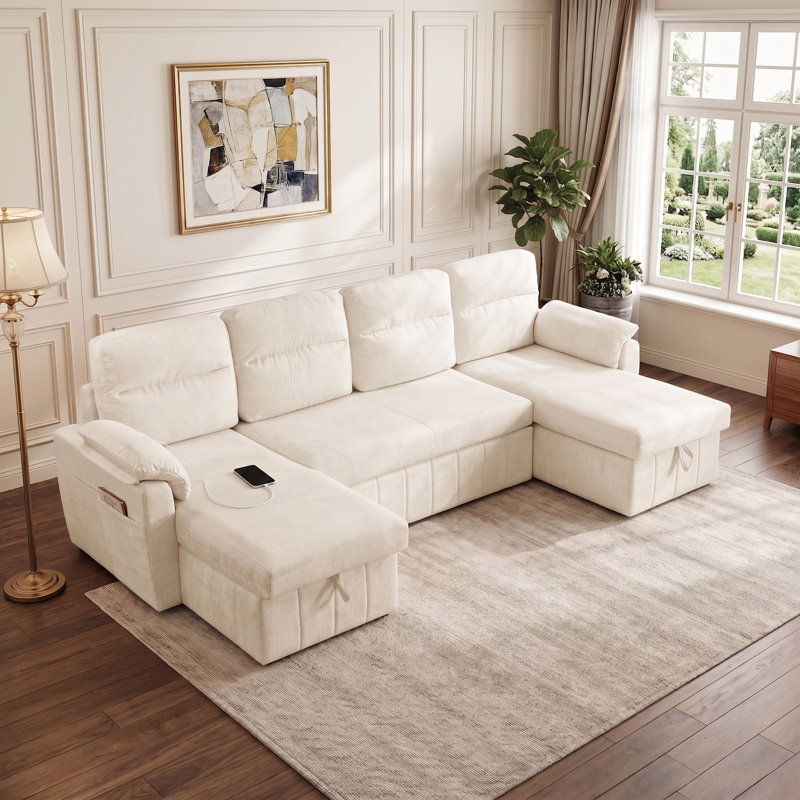 108.7" Upholstered U-Shaped Sectional Sofa Bed with Storage Pockets and USB Ports, White Chenille