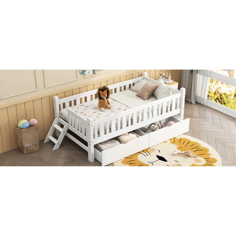 Lit simple, blanc, lit plateforme, garde-corps, 2 tiroirs, bois de pin +, sans sommier, espaces de rangement multiples, assemblage rapide pour débutants, structure semi-fermée, tâche d'assemblage sans effort