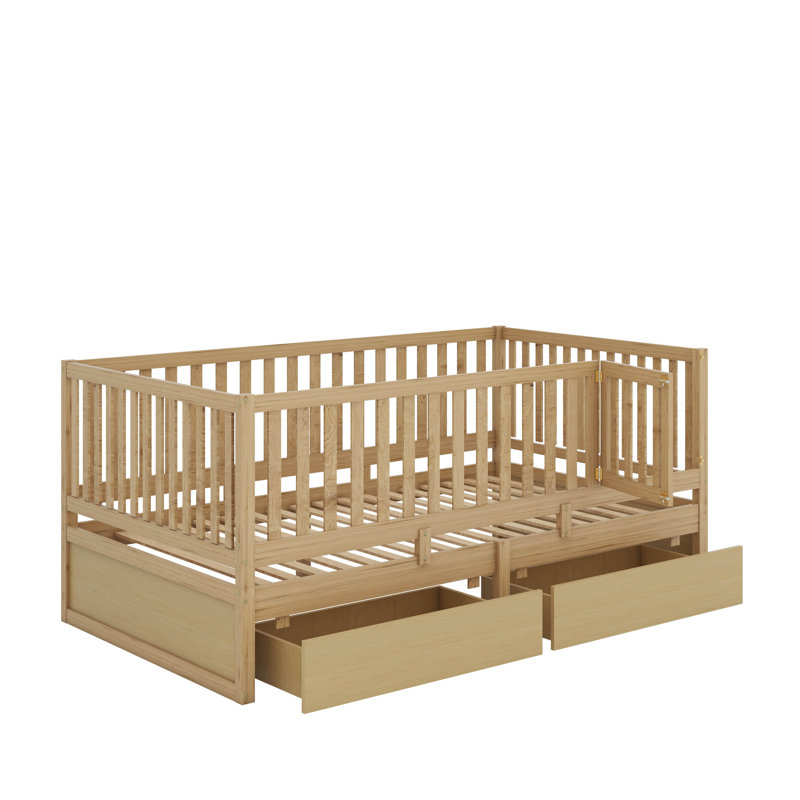 Wood Daybed With Fence Guardrails And Drawers, Natural, Twin