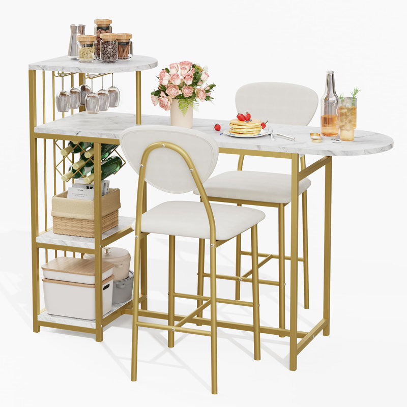 Ensemble 3 pièces de table de bar et chaises pour 2 tables hautes et chaises rembourrées avec tablettes de rangement