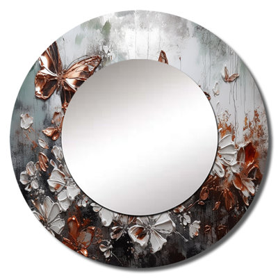 Phanta rose papillon doré ailes et fleurs IV - miroir mural unique floral, miroir rond doré, impression d'art en métal